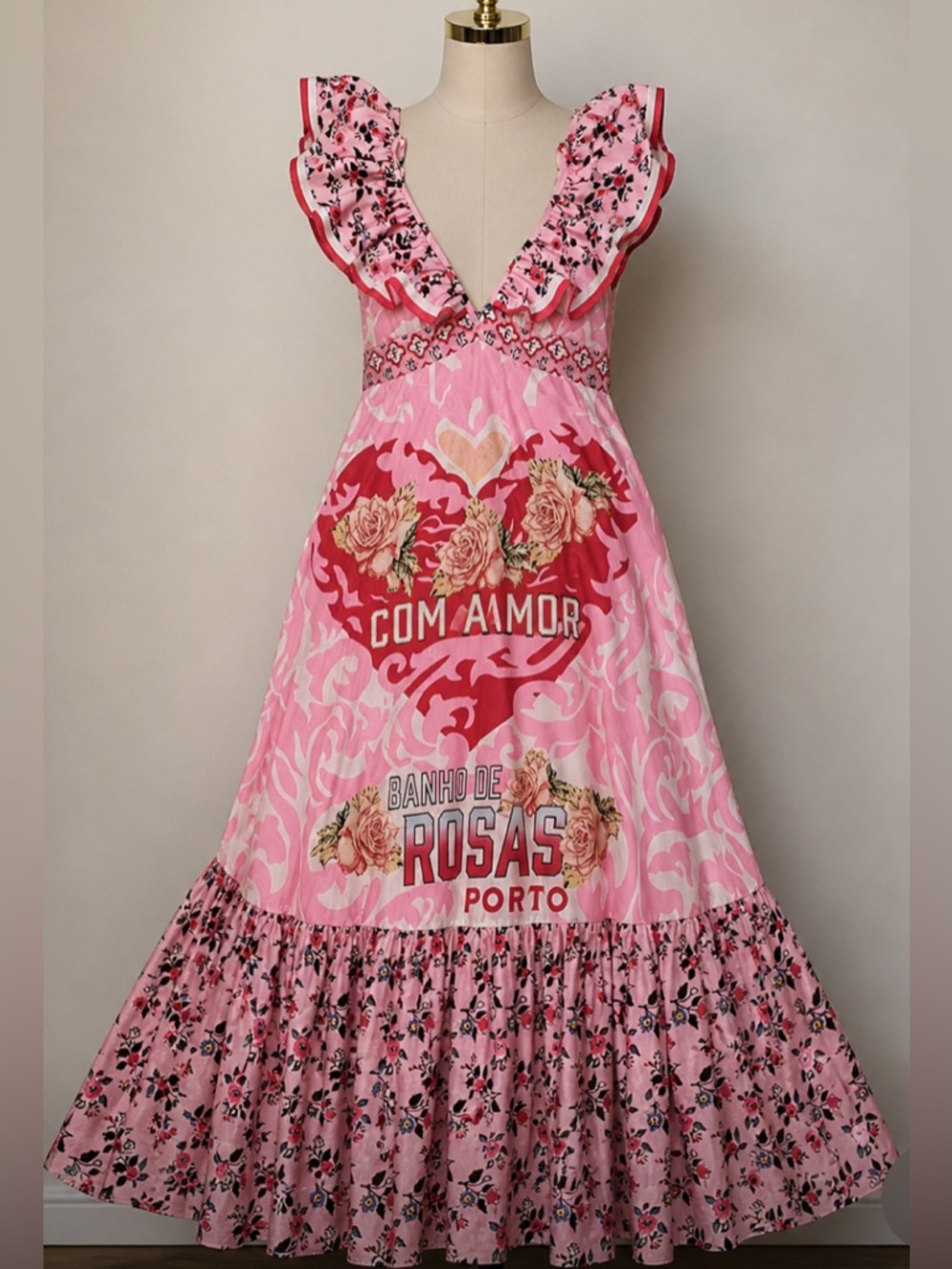 NEW $285 Rio Brasilla Pink Floral Ruffle V-Neck Maxi Dress - Picture 5 of 5